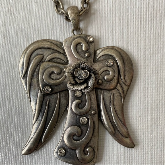You & I Jewelry You I Silver Tone Necklace Stone Rose Cross Angel